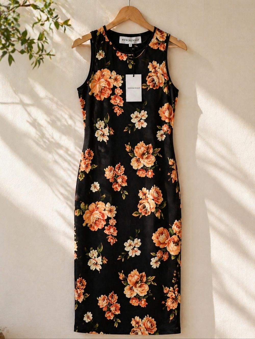 NWT WeWoreWhat Floral Midi Dress Black Peach Bodycon Sleeveless Tank Dress M